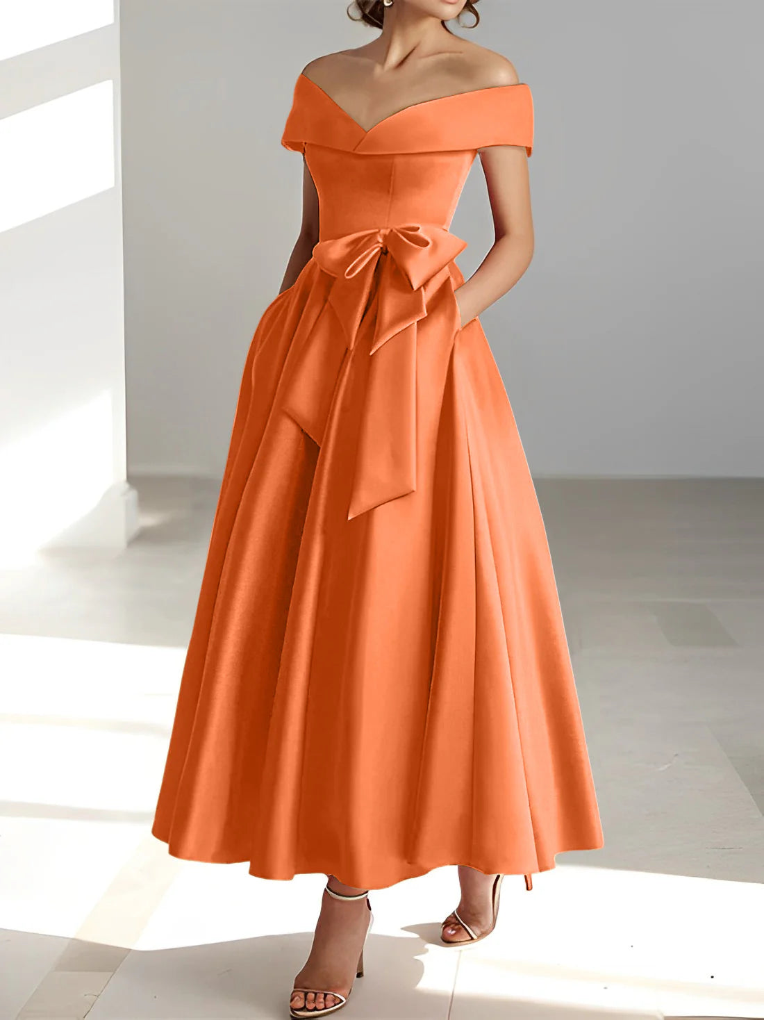 Vestidos de madre de la novia con bolsillos y hombros descubiertos, corte A/Princesa