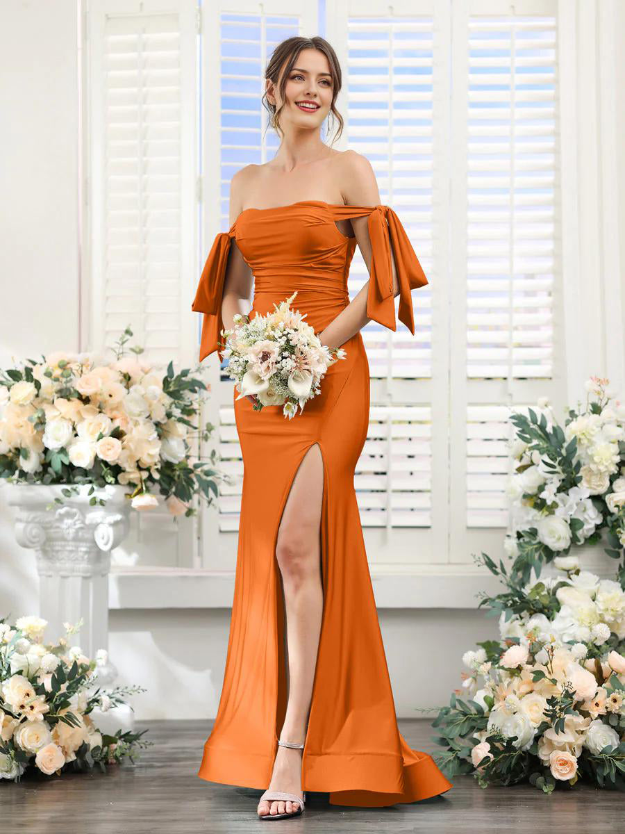 Forest Green Satin Off-the-Shoulder Sheath Bridesmaid Dress with High Slit