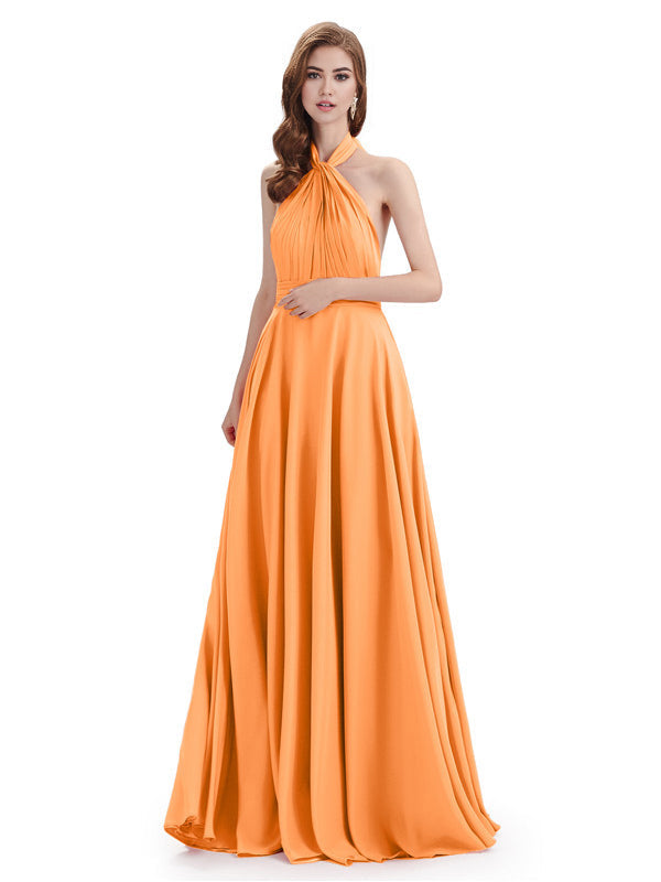 Simple A-Line High Neck Halter Sleeveless Pleats Chiffon Floor Length Bridesmaid Dresses