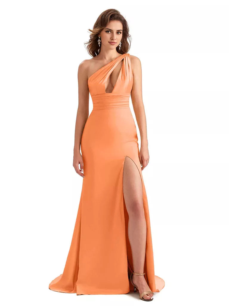 Vestido de dama de honor largo, único, sin mangas, de satén sedoso, con abertura lateral y sirena, sexy, de un solo hombro