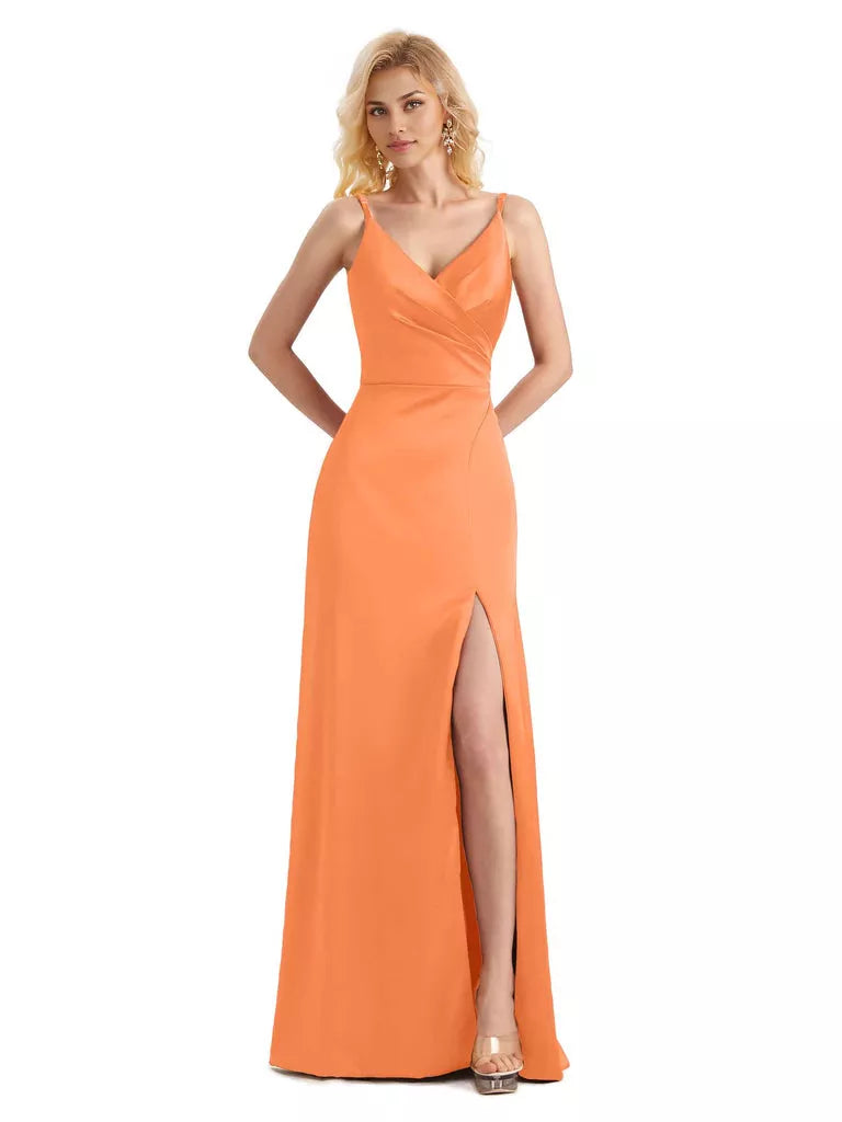 Vestido de dama de honor largo, formal, cruzado, sin mangas, con escote en V y abertura lateral de satén suave y sencillo