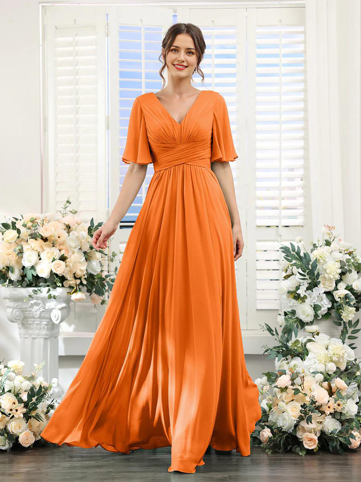 Lavender Chiffon A-Line Floor-Length Dress with Ruched Bodice and Flutter Sleeves