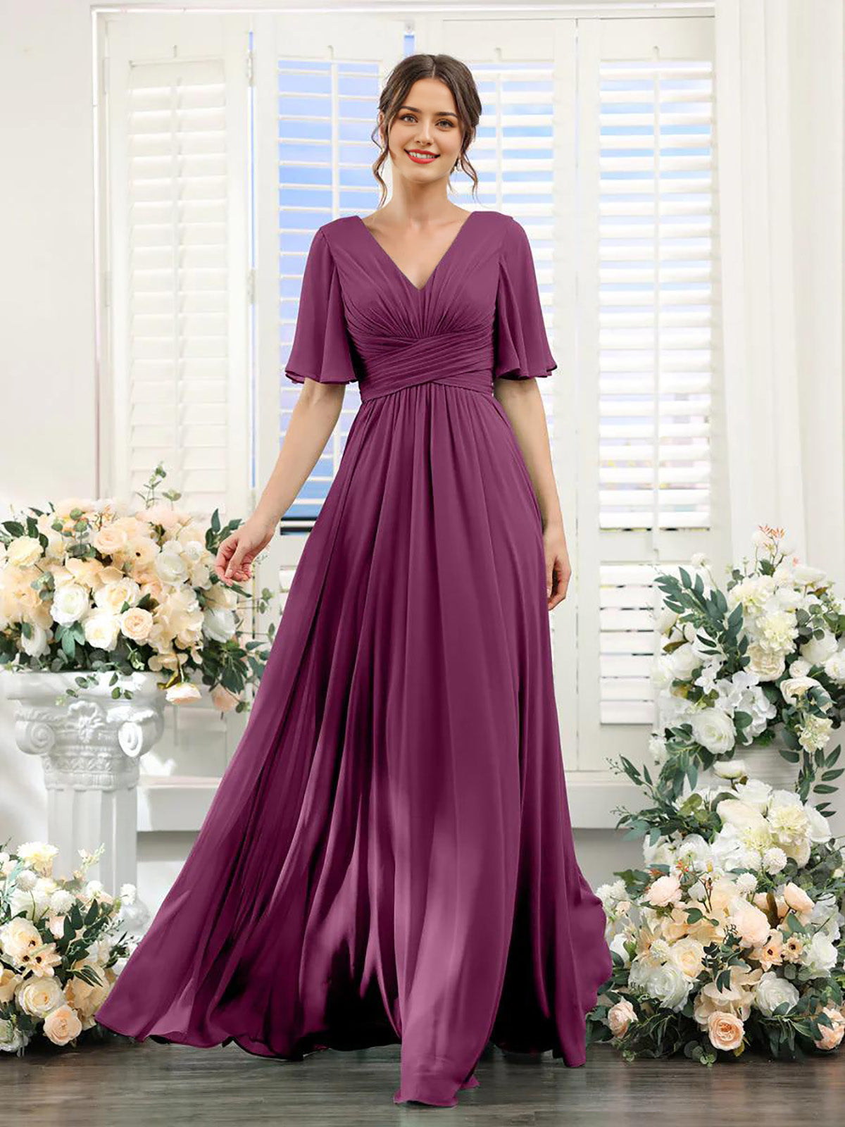 Vestido de dama de honor con escote en A y escote en V, ideal para invitadas a la boda, vestido de fiesta formal de gasa larga con abertura.