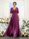 Mint Green Chiffon A-Line Floor-Length Bridesmaid Dress | V-Neck, Ruched Bodice & High Slit