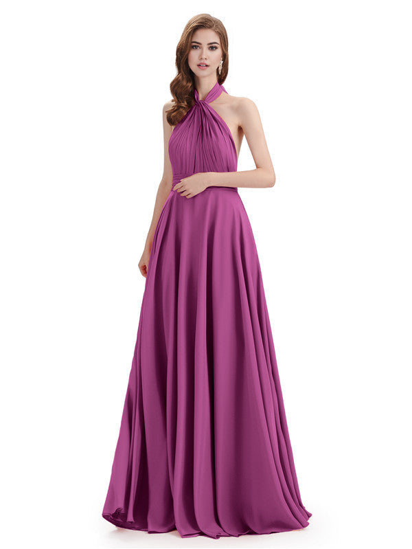 Simple A-Line High Neck Halter Sleeveless Pleats Chiffon Floor Length Bridesmaid Dresses