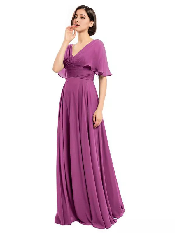 Dusty Blue Chiffon A-Line Floor-Length Bridesmaid Dress with V-Neck and Flutter Sleeves