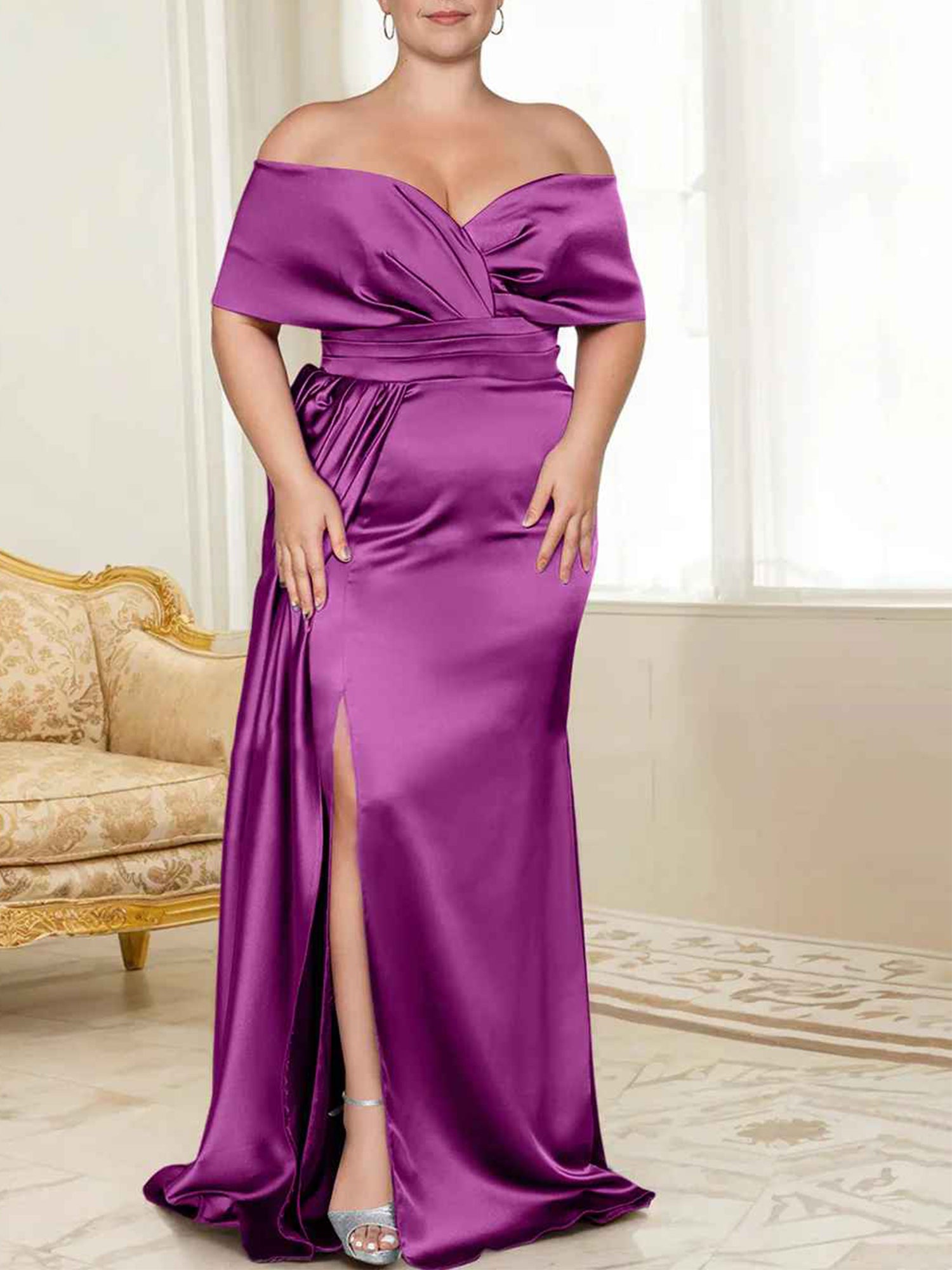 Wisteria Satin Off-the-Shoulder Floor-Length Bridesmaid & Wedding Guest Dress