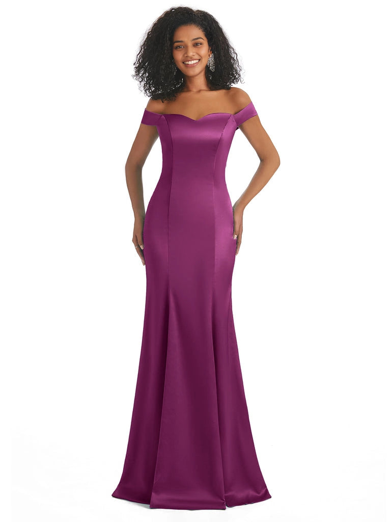 Vestidos de dama de honor largos, sencillos, de satén suave, sin mangas y con hombros descubiertos, de corte sirena