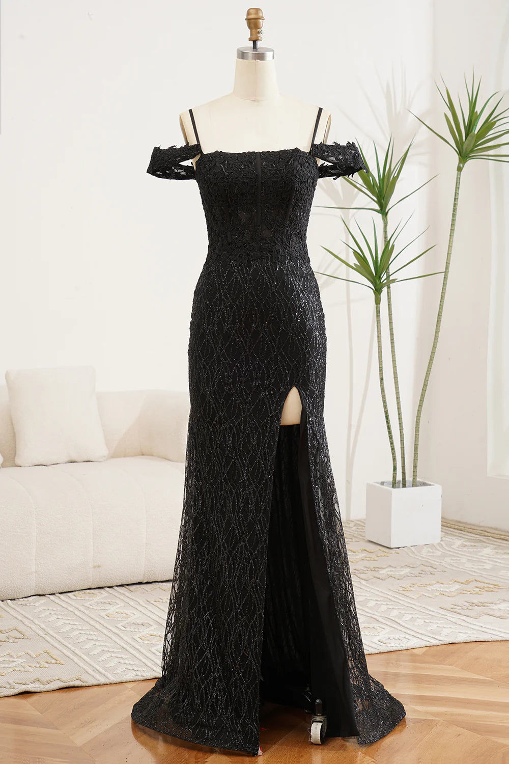Sparkling black slit mermaid off shoulder ball dress
