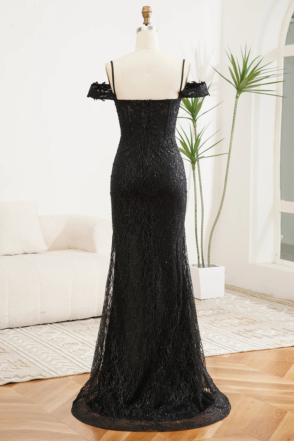 Sparkling black slit mermaid off shoulder ball dress