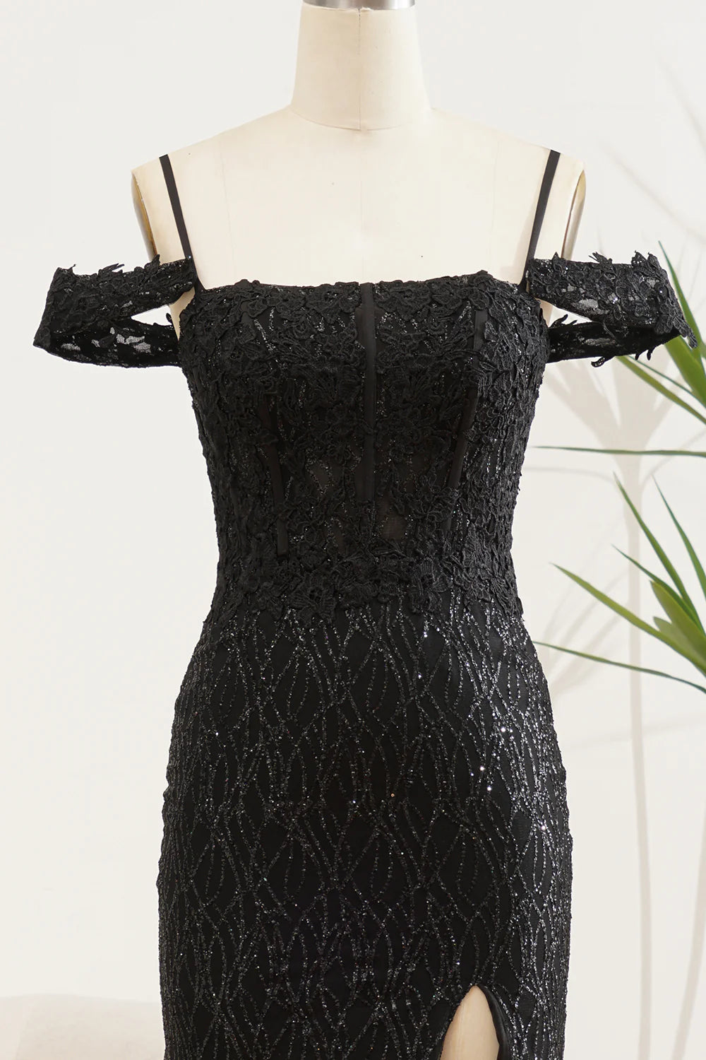 Sparkling black slit mermaid off shoulder ball dress