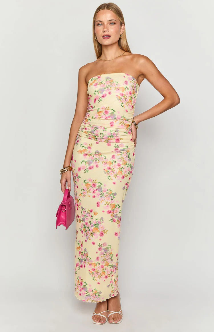 Pale Yellow Floral Mesh Strapless Ruched Maxi Dress