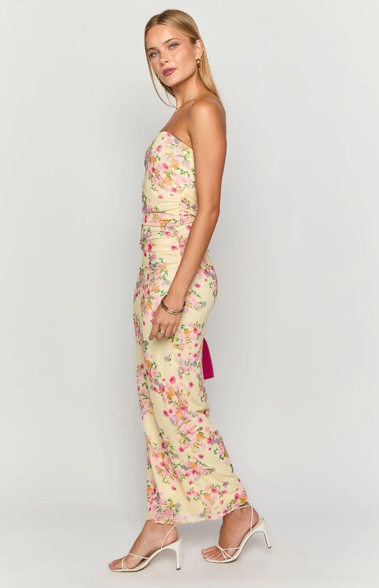 Pale Yellow Floral Mesh Strapless Ruched Maxi Dress