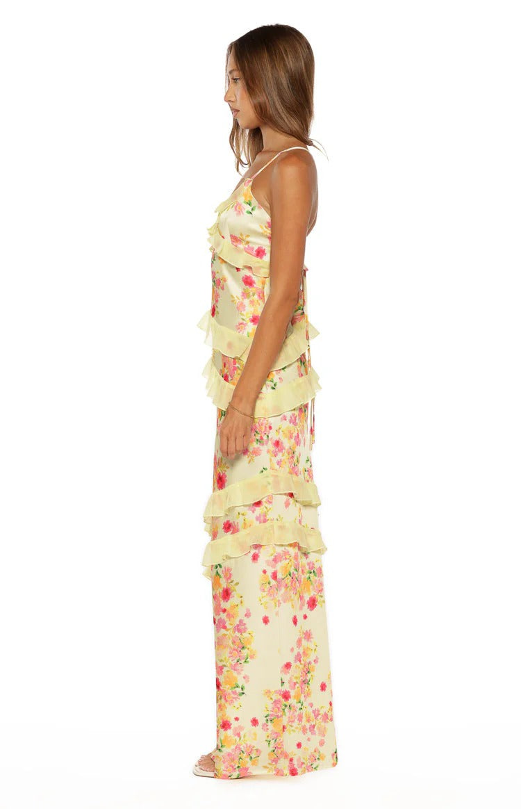 Pale Yellow Floral Ruffle Maxi Dress – Spaghetti Strap Open Back Satin Formal Dress