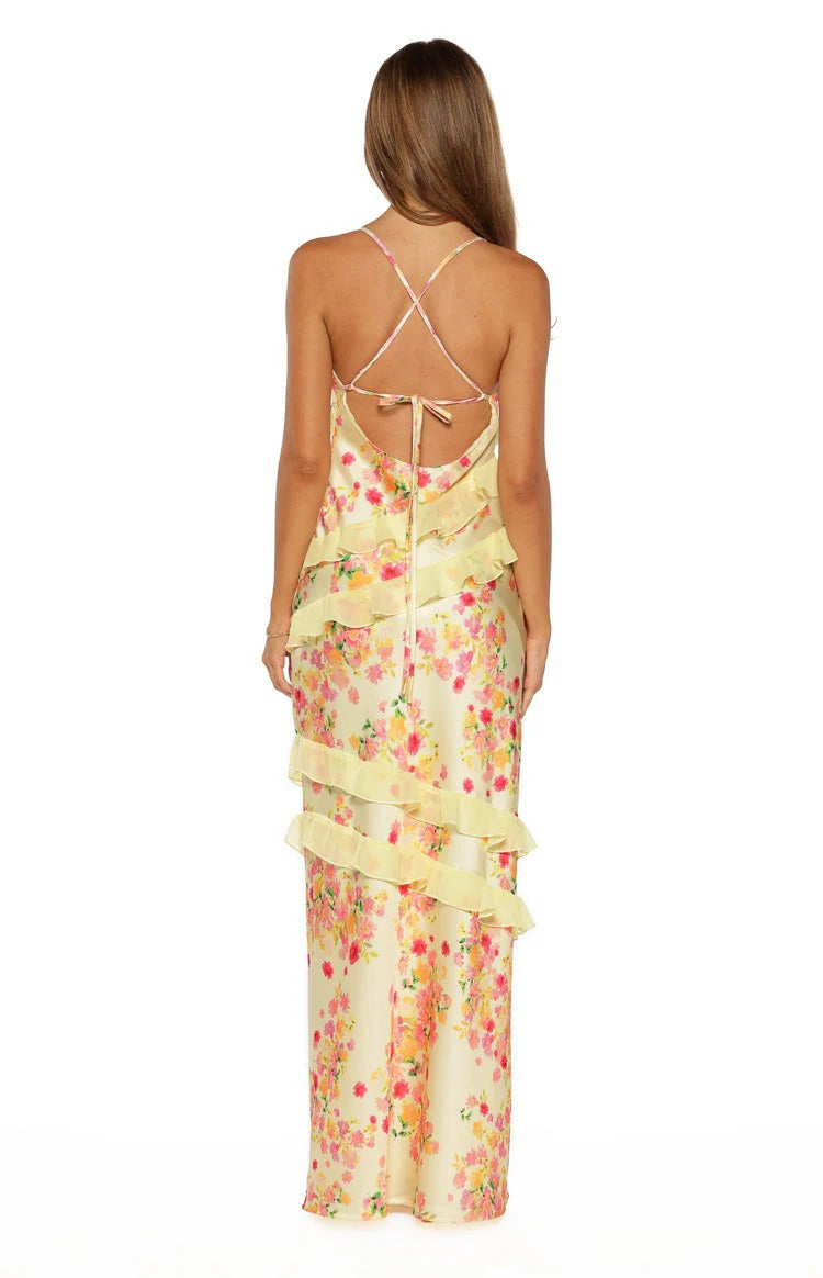 Pale Yellow Floral Ruffle Maxi Dress – Spaghetti Strap Open Back Satin Formal Dress