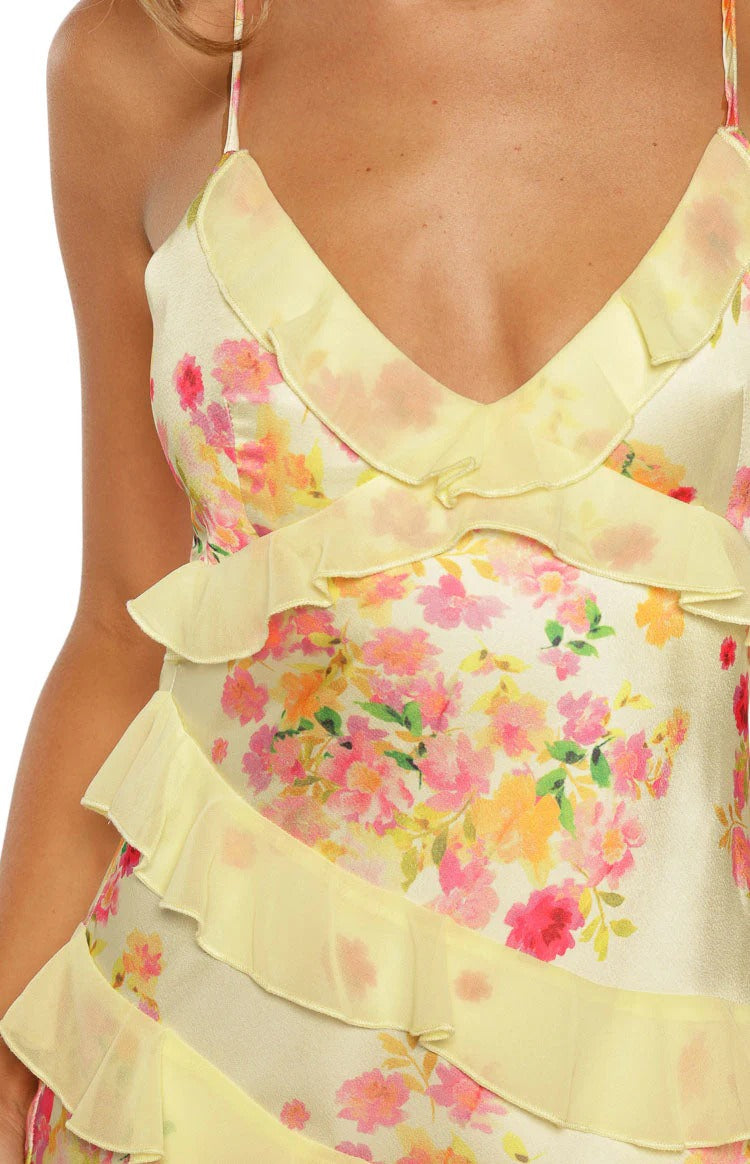 Pale Yellow Floral Ruffle Maxi Dress – Spaghetti Strap Open Back Satin Formal Dress