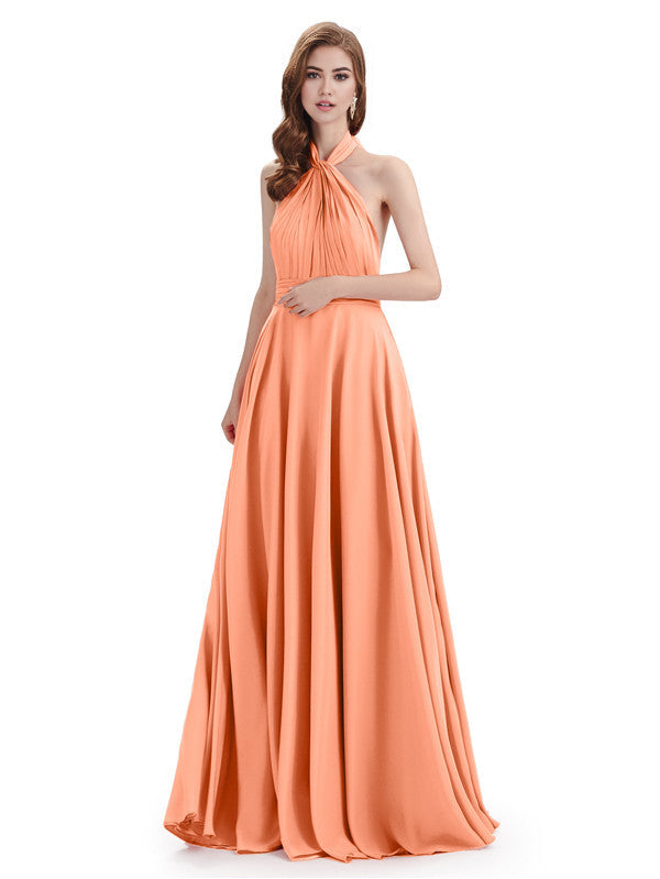 Simple A-Line High Neck Halter Sleeveless Pleats Chiffon Floor Length Bridesmaid Dresses
