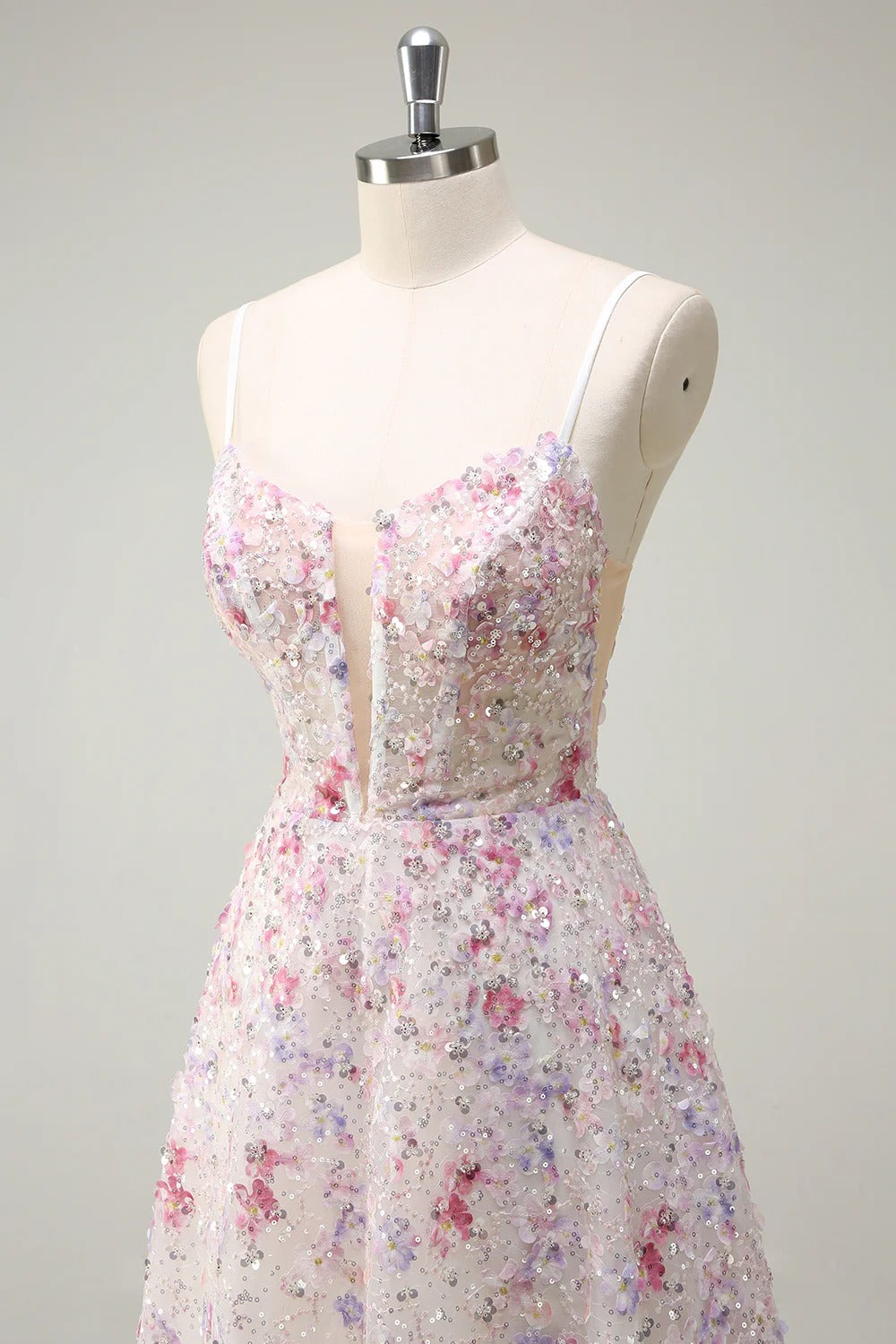 Pastel Floral 3D Appliqué Tulle Gown with Lace-Up Back