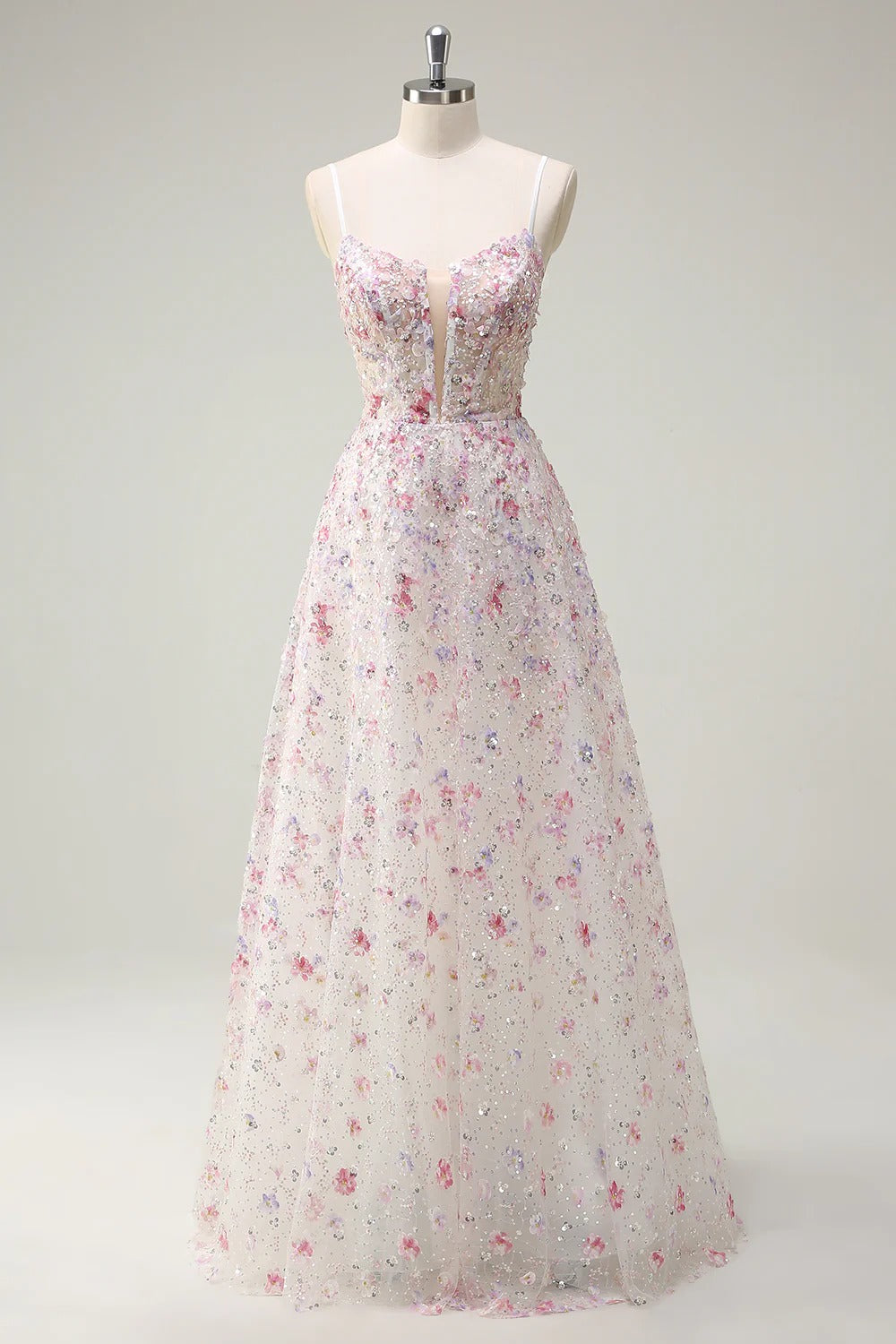 Pastel Floral 3D Appliqué Tulle Gown with Lace-Up Back