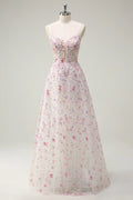 White Tulle Plunging V-Neck A-Line Floor-Length Dress with Floral Appliques & Sequin Embellishment