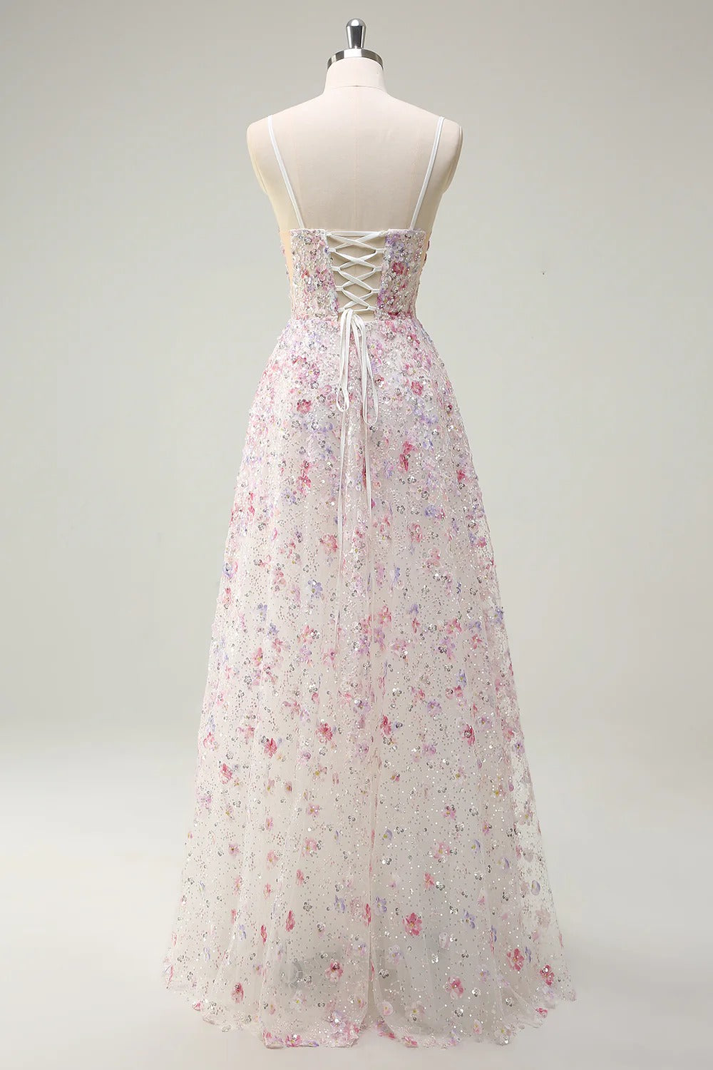 Pastel Floral 3D Appliqué Tulle Gown with Lace-Up Back