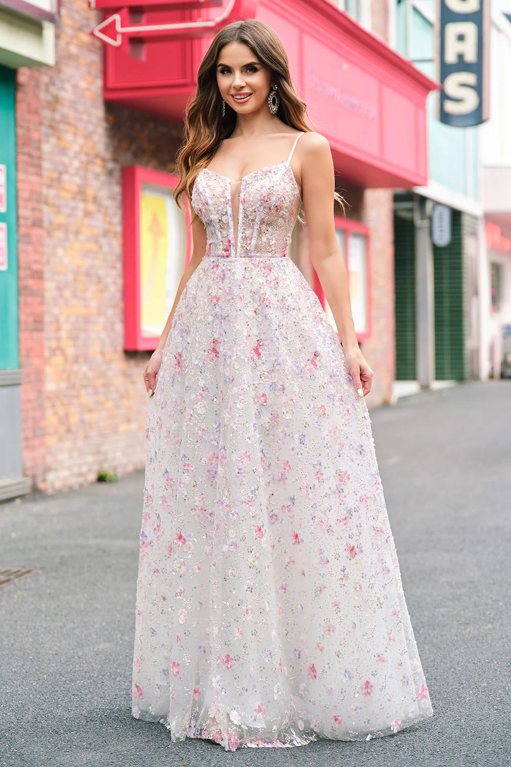 Pastel Floral 3D Appliqué Tulle Gown with Lace-Up Back