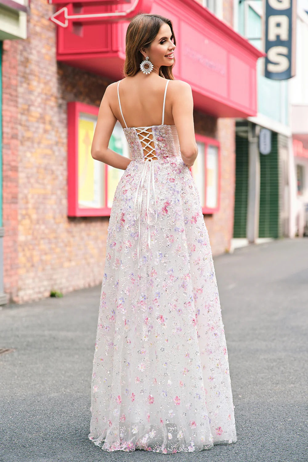 Pastel Floral 3D Appliqué Tulle Gown with Lace-Up Back