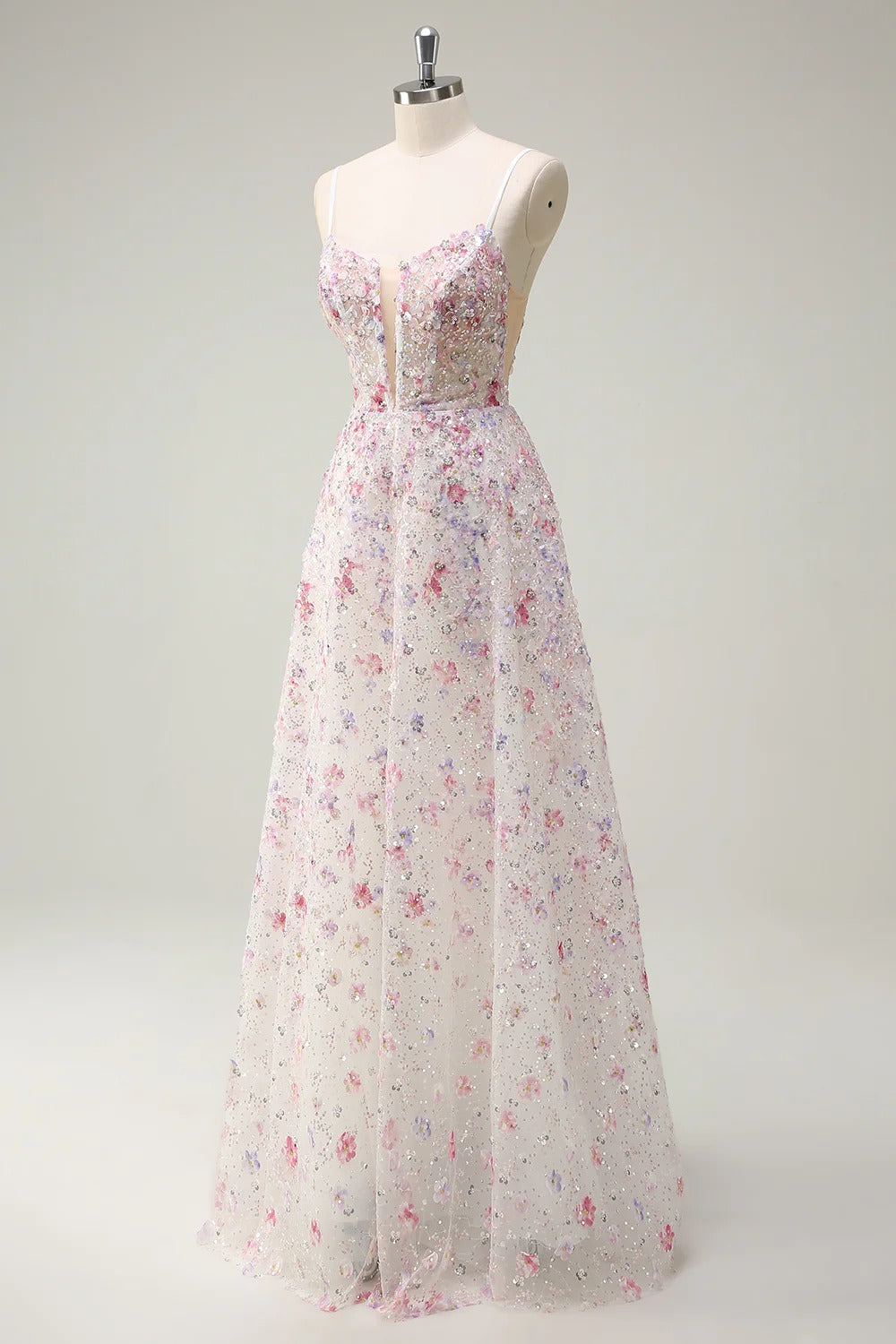 Pastel Floral 3D Appliqué Tulle Gown with Lace-Up Back