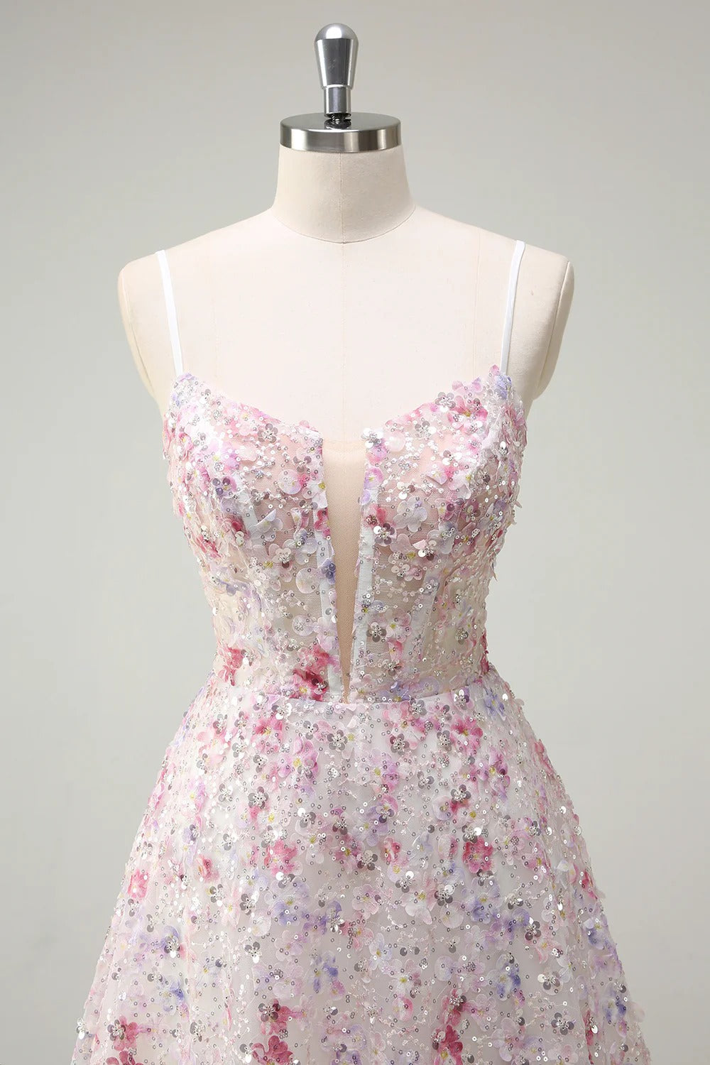 Pastel Floral 3D Appliqué Tulle Gown with Lace-Up Back