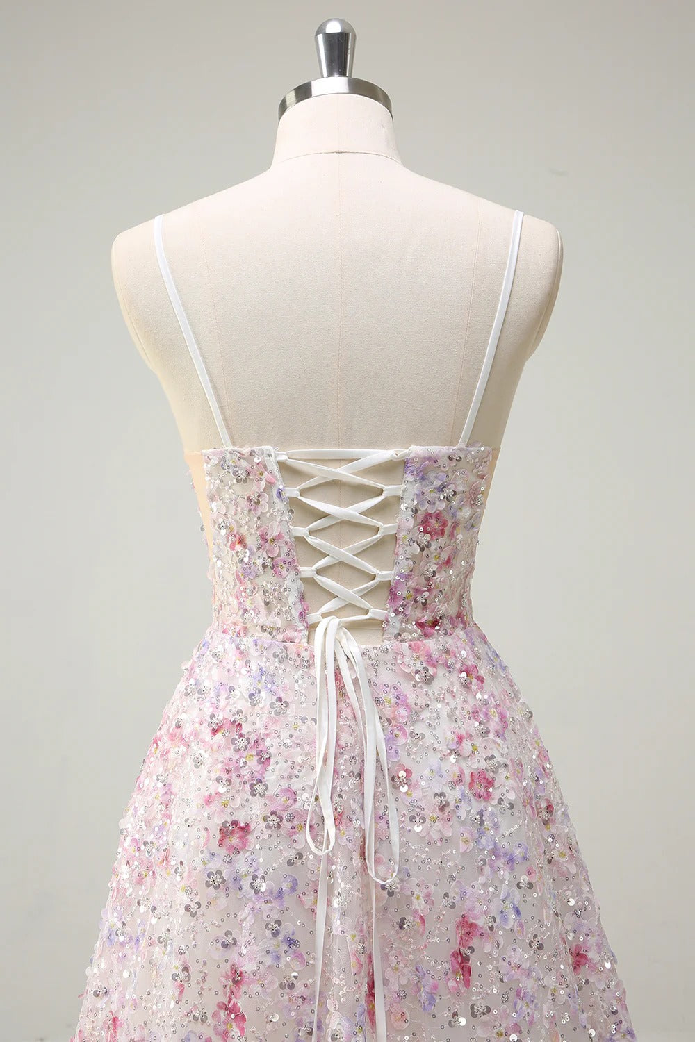 Pastel Floral 3D Appliqué Tulle Gown with Lace-Up Back