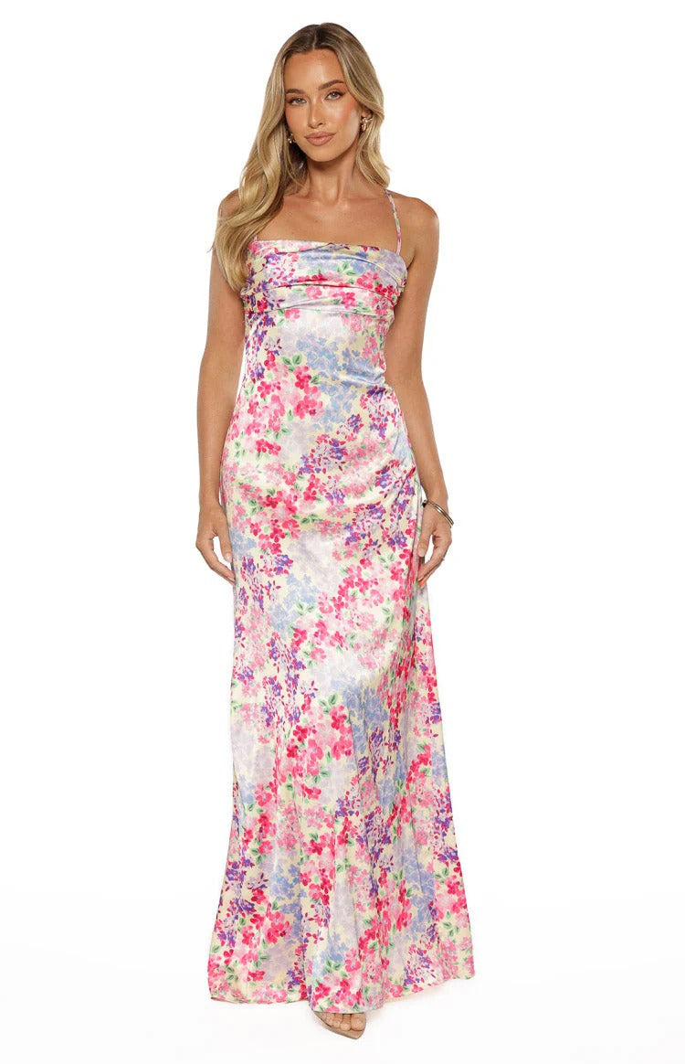 Pastel Floral Satin Cowl Neck Open Back Maxi Dress