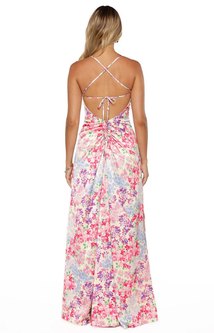 Pastel Floral Satin Cowl Neck Open Back Maxi Dress