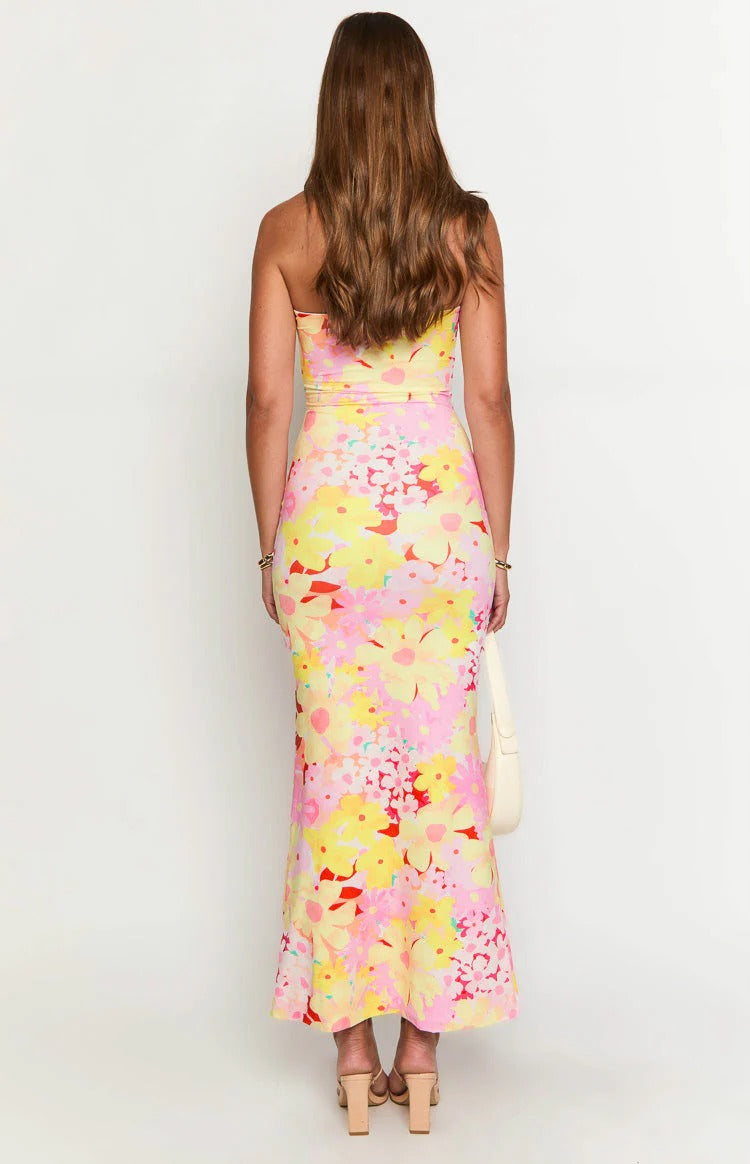 Pastel Floral Strapless Maxi Dress – Bodycon Summer Formal Dress for Vacations