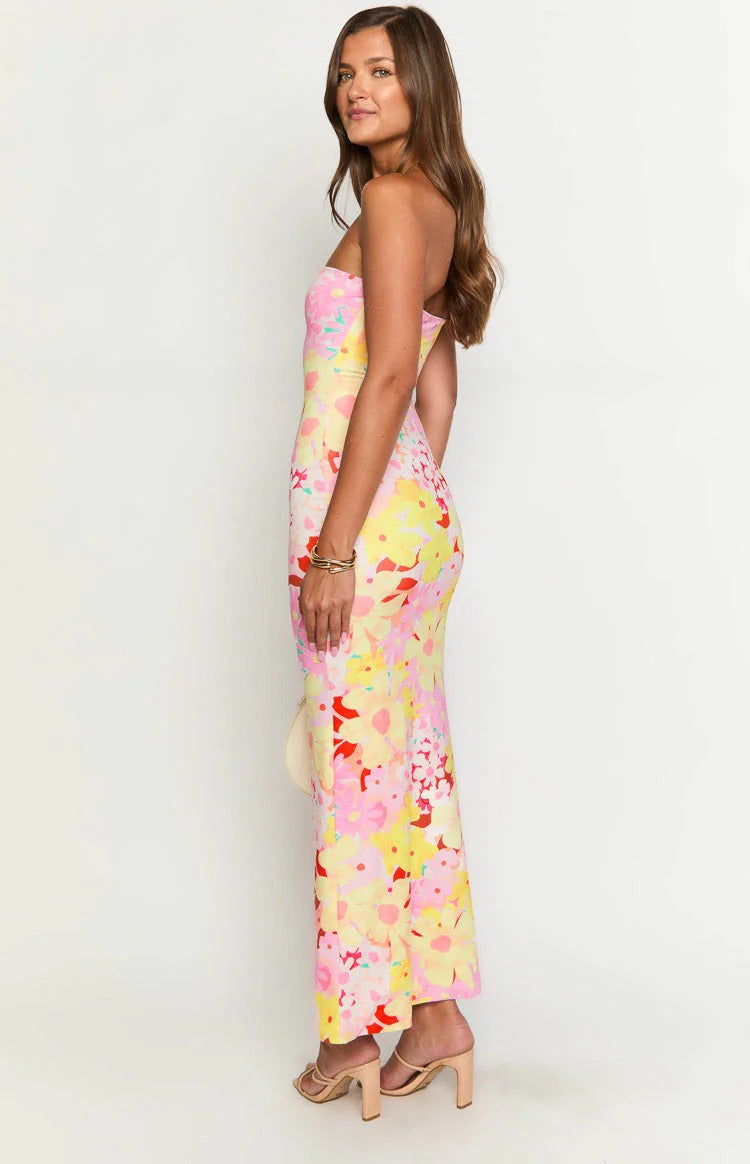 Pastel Floral Strapless Maxi Dress – Bodycon Summer Formal Dress for Vacations