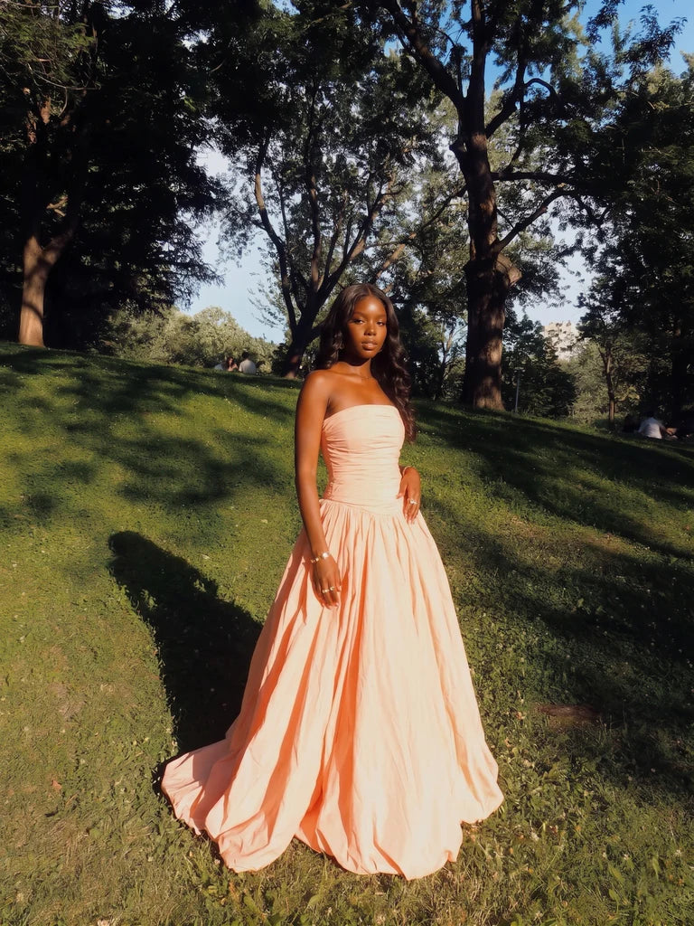 Blushing Pink Satin A-Line Floor-Length Evening Dress with Straight Neck & Ruched Bodice