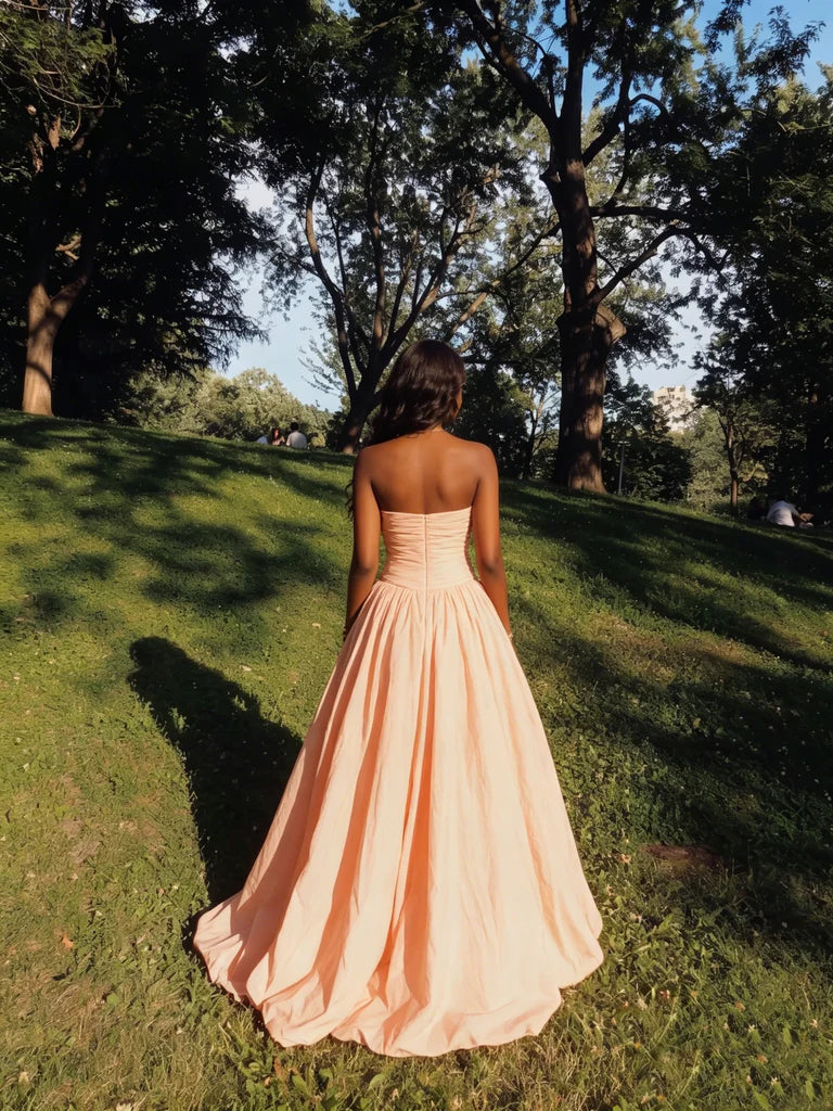 Blushing Pink Satin A-Line Floor-Length Evening Dress with Straight Neck & Ruched Bodice