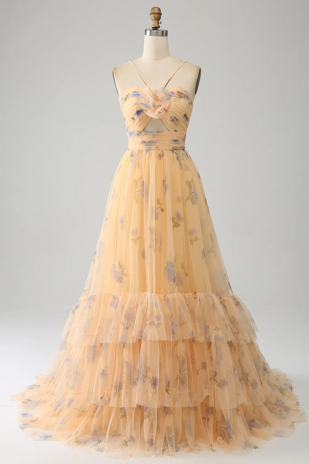 Peach Floral Tiered Tulle Gown – Spaghetti Strap Cut-Out Prom Dress with Ruffle Hem & Train