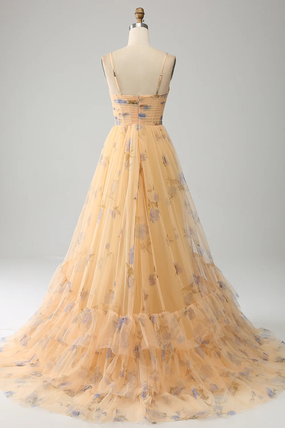 Peach Floral Tiered Tulle Gown – Spaghetti Strap Cut-Out Prom Dress with Ruffle Hem & Train