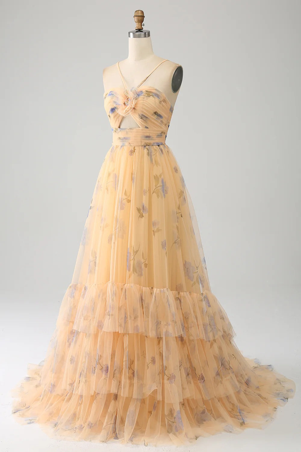 Peach Floral Tiered Tulle Gown – Spaghetti Strap Cut-Out Prom Dress with Ruffle Hem & Train