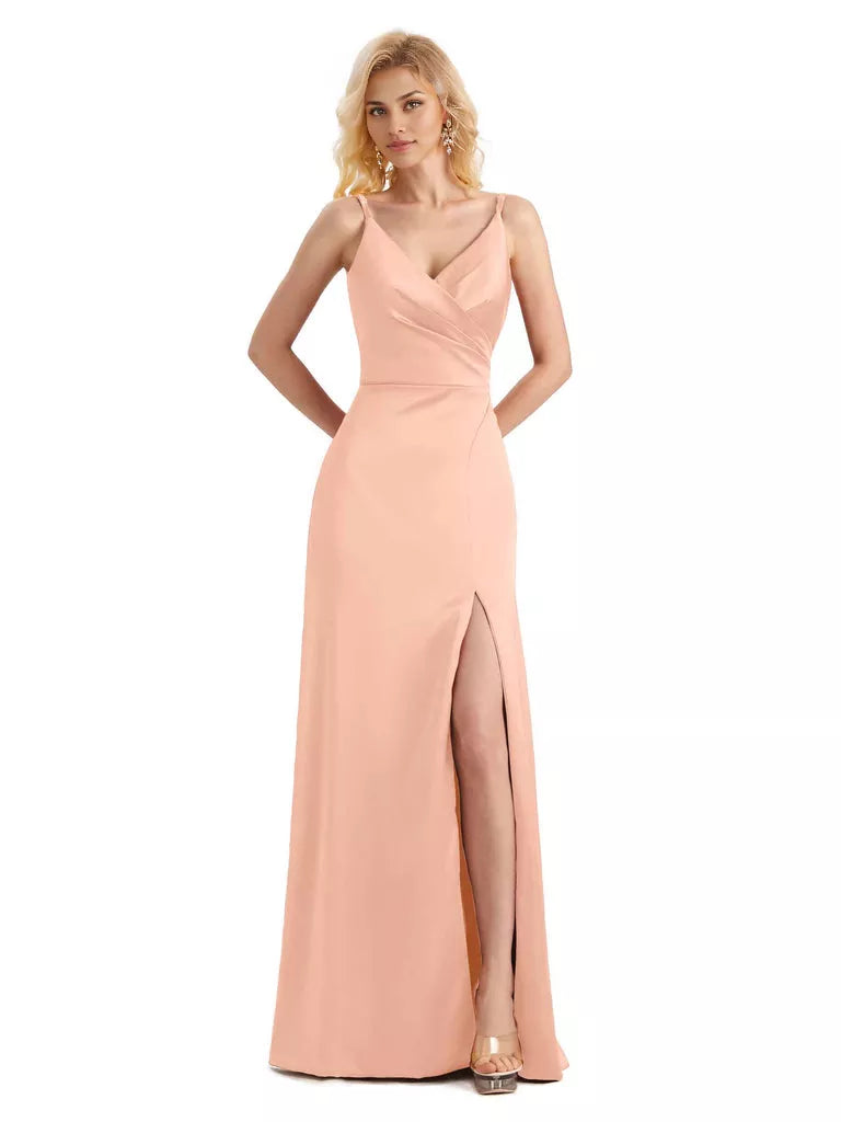 Vestido de dama de honor largo, formal, cruzado, sin mangas, con escote en V y abertura lateral de satén suave y sencillo