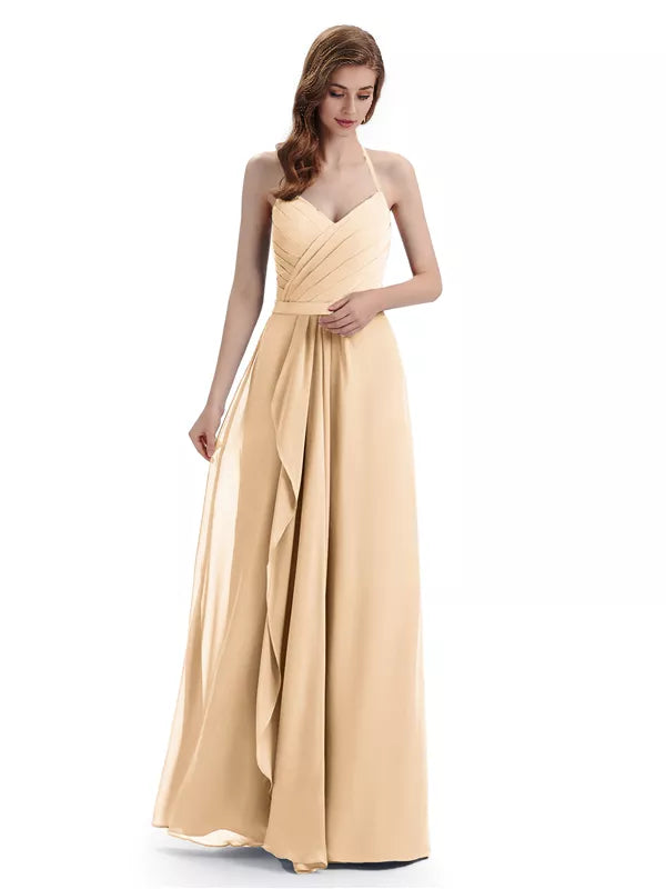 Charming Halter V-neck Off Shoulder Sleeveless Floor Length Bridesmaid Dresses