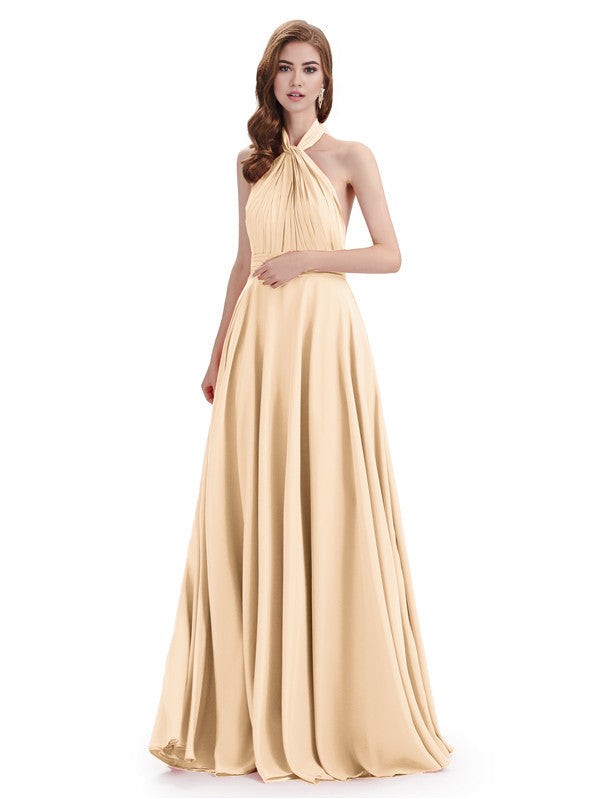 Simple A-Line High Neck Halter Sleeveless Pleats Chiffon Floor Length Bridesmaid Dresses