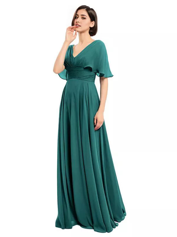 Dusty Blue Chiffon A-Line Floor-Length Bridesmaid Dress with V-Neck and Flutter Sleeves