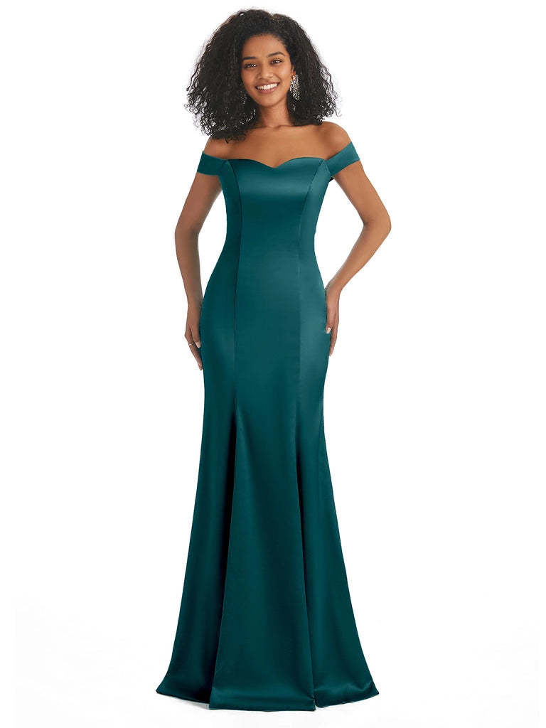 Vestidos de dama de honor largos, sencillos, de satén suave, sin mangas y con hombros descubiertos, de corte sirena