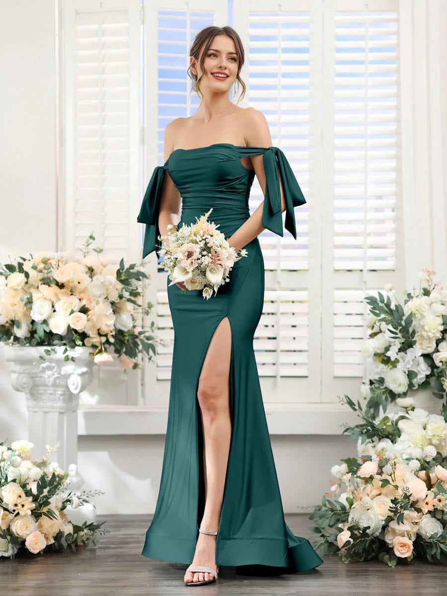 Forest Green Satin Off-the-Shoulder Sheath Bridesmaid Dress with High Slit