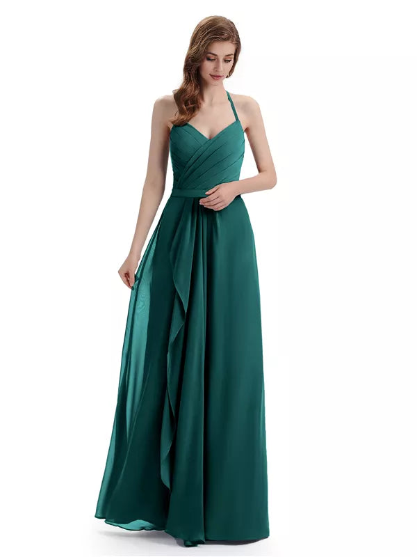 Charming Halter V-neck Off Shoulder Sleeveless Floor Length Bridesmaid Dresses