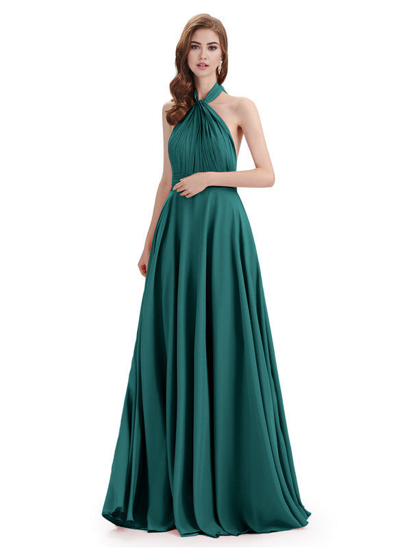 Simple A-Line High Neck Halter Sleeveless Pleats Chiffon Floor Length Bridesmaid Dresses