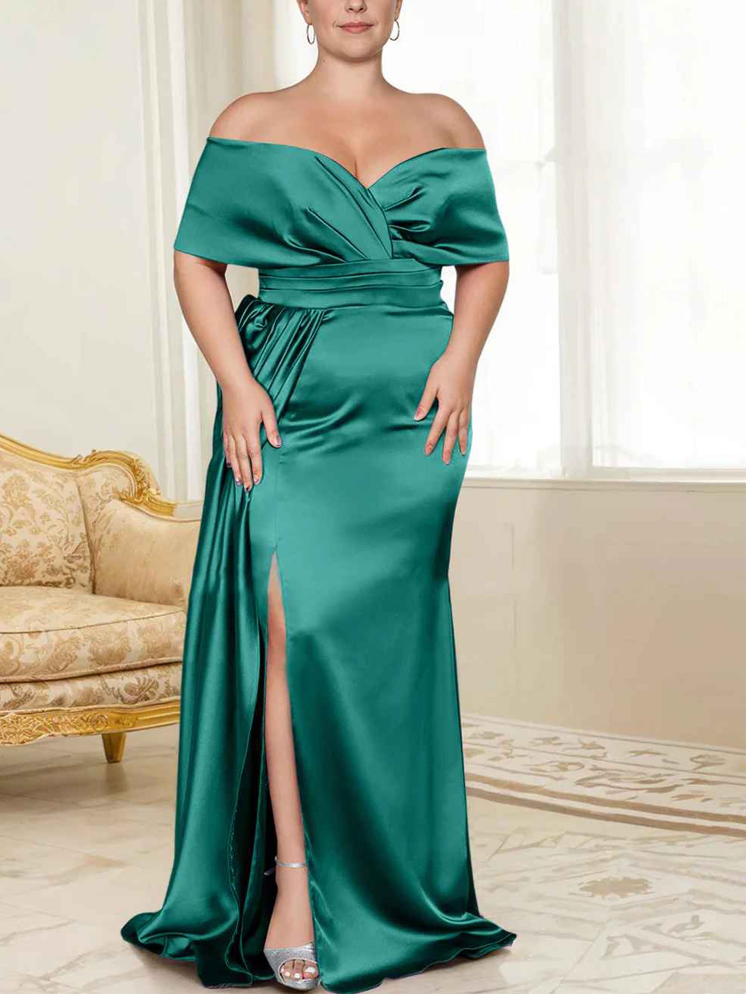 Draped Bodice Blushing Pink Satin Off-the-Shoulder Sheath/column Floor-Length Bridesmaid Dress