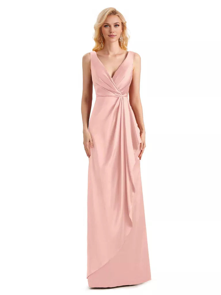 Elegantes vestidos de dama de honor formales, largos hasta el suelo, de satén suave, con escote en V y sin mangas