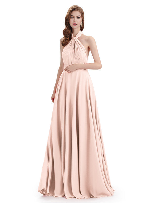 Simple A-Line High Neck Halter Sleeveless Pleats Chiffon Floor Length Bridesmaid Dresses